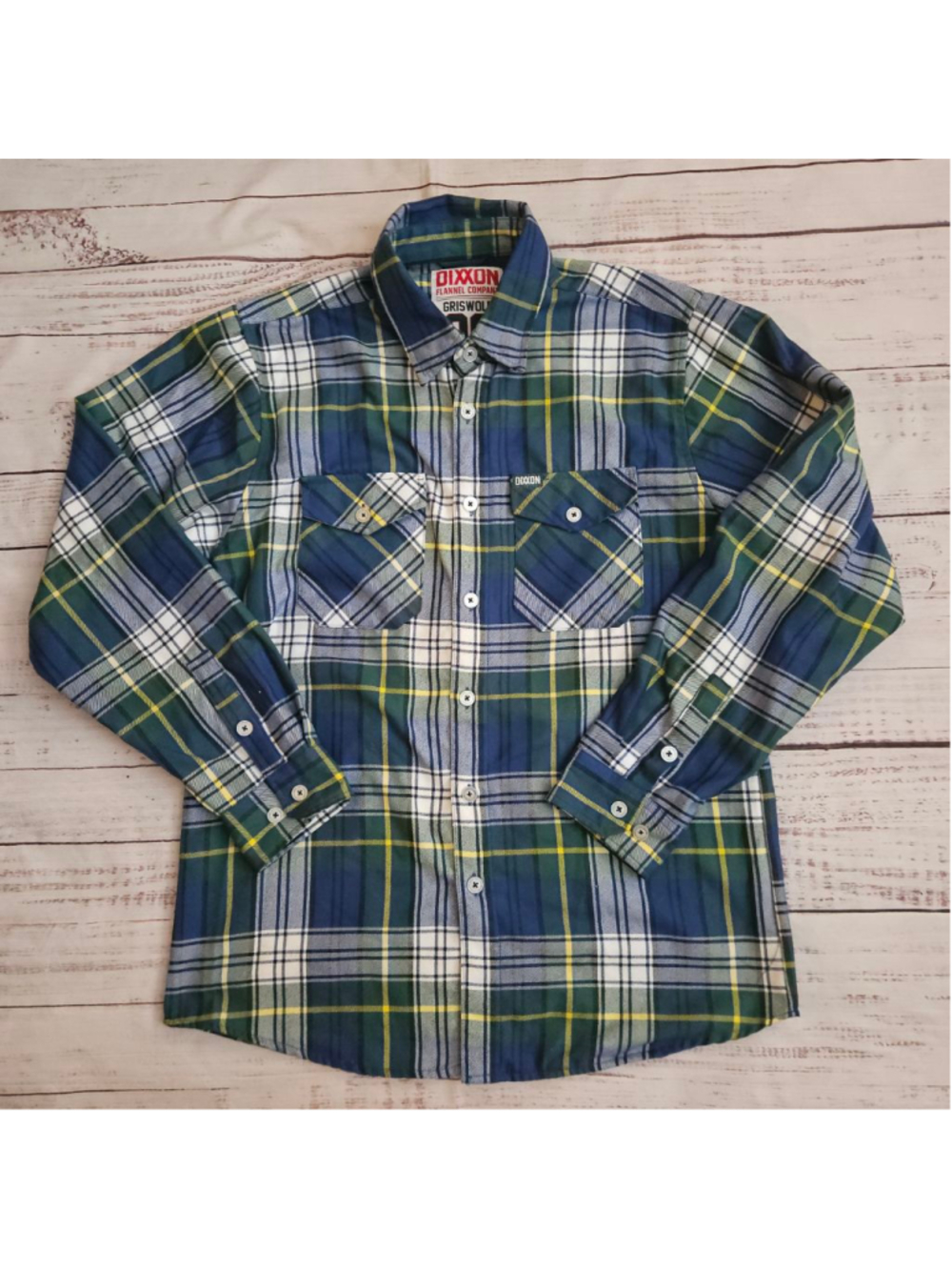 Dixxon Griswold Flannel Green Blue Yellow White Plaid Long Sleeve Button Up Mens